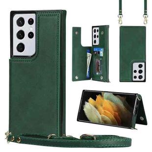 For Samsung Galaxy S21 Ultra 5G Cross-body Square Double Buckle Flip Card Bag TPU+PU Case with Card Slots & Wallet & Photo & Strap(Green)