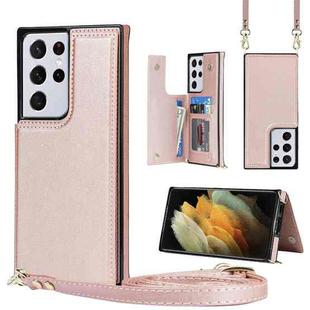 For Samsung Galaxy S21 Ultra 5G Cross-body Square Double Buckle Flip Card Bag TPU+PU Case with Card Slots & Wallet & Photo & Strap(Rose Gold)
