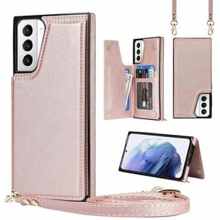 For Samsung Galaxy S21+ 5G Cross-body Square Double Buckle Flip Card Bag TPU+PU Case with Card Slots & Wallet & Photo & Strap(Rose Gold)