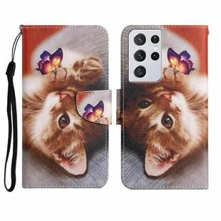 For Samsung Galaxy S21 Ultra 5G Painted Pattern Horizontal Flip Leather Case with Holder & Card Slot & Wallet(Butterfly Cat)