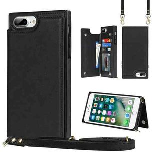 For iPhone SE 2022 / SE 2020 / 8 / 7 Cross-body Square Double Buckle Flip Card Bag TPU+PU Case with Card Slots & Wallet & Photo & Strap(Black)