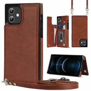 For iPhone 12 / 12 Pro Cross-body Square Double Buckle Flip Card Bag TPU+PU Case with Card Slots & Wallet & Photo & Strap(Brown)