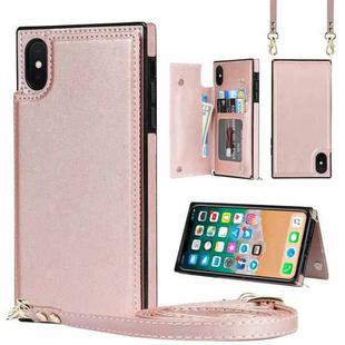 For iPhone X / XS Cross-body Square Double Buckle Flip Card Bag TPU+PU Case with Card Slots & Wallet & Photo & Strap(Rose Gold)