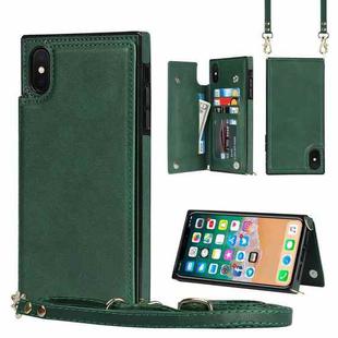 For iPhone XS Max Cross-body Square Double Buckle Flip Card Bag TPU+PU Case with Card Slots & Wallet & Photo & Strap(Green)