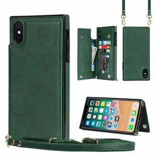 For iPhone XR Cross-body Square Double Buckle Flip Card Bag TPU+PU Case with Card Slots & Wallet & Photo & Strap(Green)