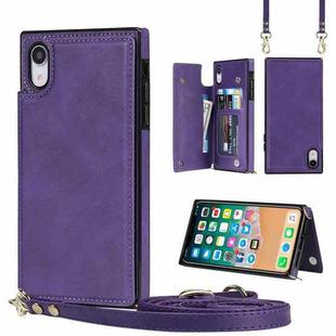 For iPhone XR Cross-body Square Double Buckle Flip Card Bag TPU+PU Case with Card Slots & Wallet & Photo & Strap(Purple)