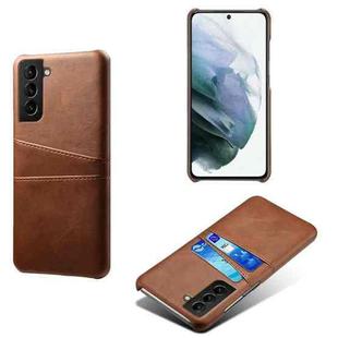 For Samsung Galaxy S21 FE 5G Calf Texture PC + PU Leather Back Cover Shockproof Case with Dual Card Slots(Brown)