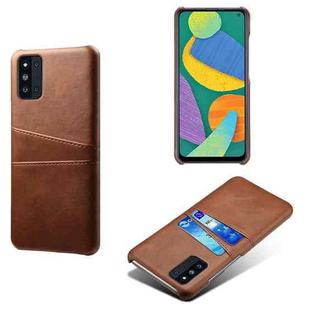 For Samsung Galaxy F52 5G Calf Texture PC + PU Leather Back Cover Shockproof Case with Dual Card Slots(Brown)