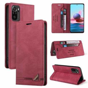 For Xiaomi Redmi Note 10 Skin Feel Anti-theft Brush Horizontal Flip Leather Case with Holder & Card Slots & Wallet(Wine Red)