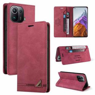 For Xiaomi Mi 11 Pro Skin Feel Anti-theft Brush Horizontal Flip Leather Case with Holder & Card Slots & Wallet(Wine Red)