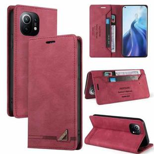 For Xiaomi Mi 11 Skin Feel Anti-theft Brush Horizontal Flip Leather Case with Holder & Card Slots & Wallet(Wine Red)