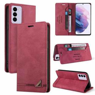 For Samsung Galaxy S21 FE 5G Skin Feel Anti-theft Brush Horizontal Flip Leather Case with Holder & Card Slots & Wallet(Wine Red)