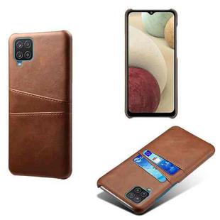 For Samsung Galaxy A12 Calf Texture PC + PU Leather Back Cover Shockproof Case with Dual Card Slots(Brown)