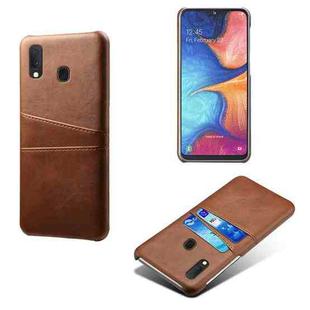 For Samsung Galaxy A20e Calf Texture PC + PU Leather Back Cover Shockproof Case with Dual Card Slots(Brown)