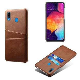 For Samsung Galaxy A30 Calf Texture PC + PU Leather Back Cover Shockproof Case with Dual Card Slots(Brown)