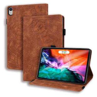 For iPad mini 6 Calf Pattern Double Folding Design Embossed Leather Tablet Case with Holder & Card Slots & Pen Slot & Elastic Band(Brown)