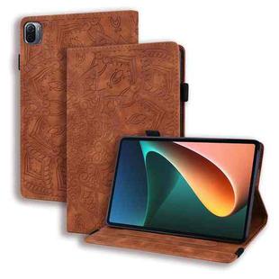 For Xiaomi Mi Pad 5 / 5 Pro Calf Pattern Double Folding Design Embossed Leather Case with Holder & Card Slots & Pen Slot & Elastic Band(Brown)