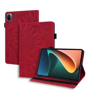 For Xiaomi Mi Pad 5 / 5 Pro Calf Pattern Double Folding Design Embossed Leather Case with Holder & Card Slots & Pen Slot & Elastic Band(Red)