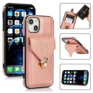 For iPhone 13 mini Fashion Buckle Protective Case with Holder & Card Slot & Wallet & Lanyard (Rose Gold)
