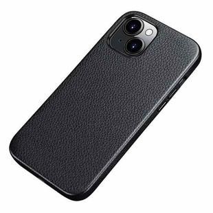 Litchi Texture Top Layer Cowhide Leather Back Cover Shockproof Case For iPhone 13(Black)