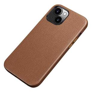 Litchi Texture Top Layer Cowhide Leather Back Cover Shockproof Case For iPhone 13(Brown)