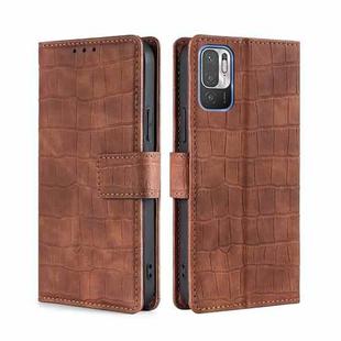 For Xiaomi Redmi Note 10 5G Skin Feel Crocodile Texture Magnetic Clasp Horizontal Flip PU Leather Case with Holder & Card Slots & Wallet(Brown)