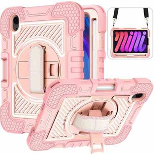 For iPad mini 6 360 Degree Rotation Contrast Color Shockproof Silicone + PC Tablet Case with Holder & Hand Grip Strap & Shoulder Strap(Rose Gold)