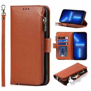 For iPhone 13 mini Microfiber Zipper Horizontal Flip Leather Case with Holder & Card Slots & Wallet (Brown)