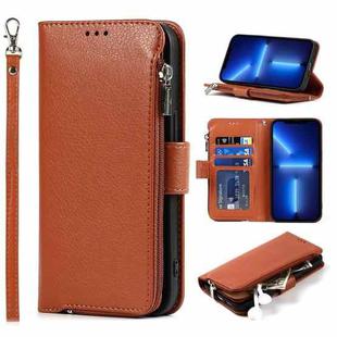 For iPhone 13 Microfiber Zipper Horizontal Flip Leather Case with Holder & Card Slots & Wallet(Brown)