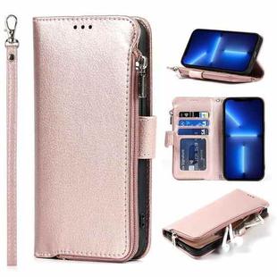 For iPhone 13 Pro Microfiber Zipper Horizontal Flip Leather Case with Holder & Card Slots & Wallet (Rose Gold)