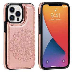 For iPhone 13 Pro Double Buckle Mandala Leather Back Case with Card Slots & Holder & Photo Frame(Rose Gold)