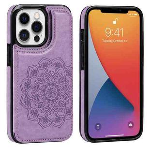 For iPhone 13 Pro Double Buckle Mandala Leather Back Case with Card Slots & Holder & Photo Frame(Purple)