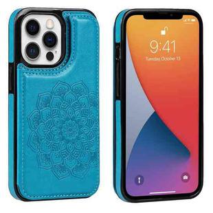 For iPhone 13 Pro Double Buckle Mandala Leather Back Case with Card Slots & Holder & Photo Frame(Blue)