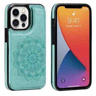 For iPhone 13 Pro Double Buckle Mandala Leather Back Case with Card Slots & Holder & Photo Frame(Green)