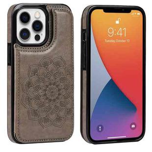 For iPhone 13 Pro Double Buckle Mandala Leather Back Case with Card Slots & Holder & Photo Frame(Grey)