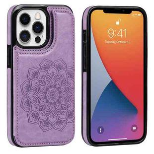 For iPhone 13 Pro Max Double Buckle Mandala Pattern PU+TPU Protective Case with Card Slots & Holder & Photo Frame (Purple)