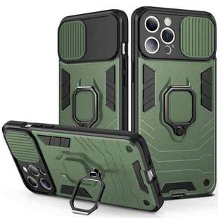 For iPhone 13 Sliding Camera Cover Design TPU + PC Shockproof Case with Ring Holder(Dark Green)