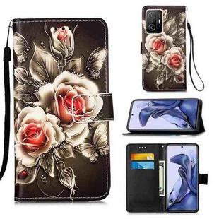 For Xiaomi Mi 11T Colored Drawing Pattern Plain Weave Horizontal Flip Leather Case with Holder & Card Slot & Wallet & Lanyard(Roses On Black)