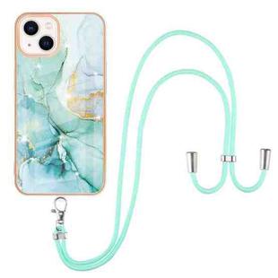 For iPhone 13 mini Electroplating Marble Pattern IMD TPU Shockproof Case with Neck Lanyard (Green 003)