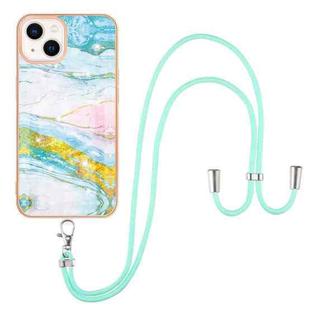 For iPhone 13 mini Electroplating Marble Pattern IMD TPU Shockproof Case with Neck Lanyard (Green 004)