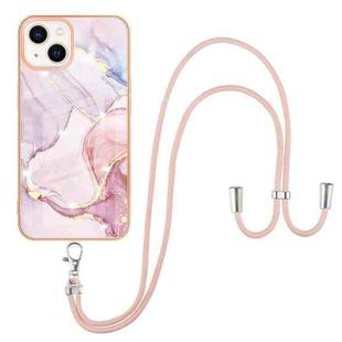 For iPhone 13 Electroplating Marble Pattern IMD TPU Shockproof Case with Neck Lanyard(Rose Gold 005)