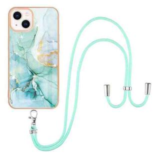For iPhone 13 Electroplating Marble Pattern IMD TPU Shockproof Case with Neck Lanyard(Green 003)