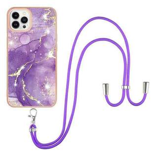 For iPhone 13 Pro Electroplating Marble Pattern IMD TPU Shockproof Case with Neck Lanyard (Purple 002)