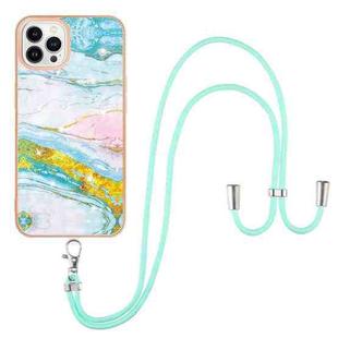 For iPhone 13 Pro Electroplating Marble Pattern IMD TPU Shockproof Case with Neck Lanyard (Green 004)