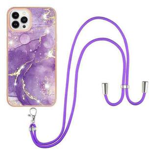 For iPhone 13 Pro Max Electroplating Marble Pattern IMD TPU Shockproof Case with Neck Lanyard (Purple 002)