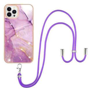 For iPhone 13 Pro Max Electroplating Marble Pattern IMD TPU Shockproof Case with Neck Lanyard (Purple 001)