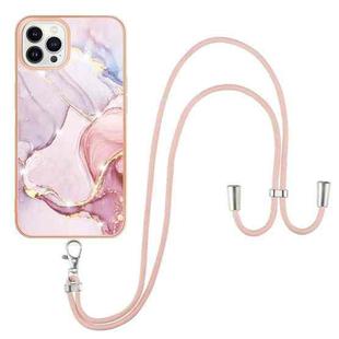 For iPhone 13 Pro Max Electroplating Marble Pattern IMD TPU Shockproof Case with Neck Lanyard (Rose Gold 005)