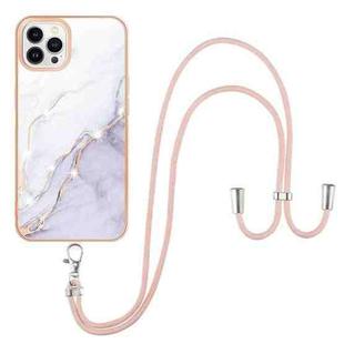 For iPhone 13 Pro Max Electroplating Marble Pattern IMD TPU Shockproof Case with Neck Lanyard (White 006)