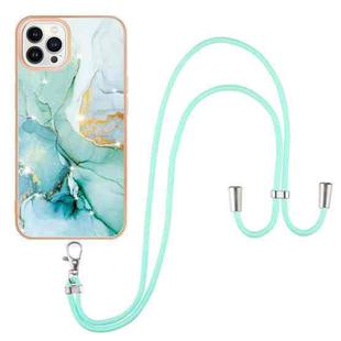 For iPhone 13 Pro Max Electroplating Marble Pattern IMD TPU Shockproof Case with Neck Lanyard (Green 003)
