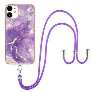 For iPhone 12 / 12 Pro Electroplating Marble Pattern IMD TPU Shockproof Case with Neck Lanyard(Purple 002)